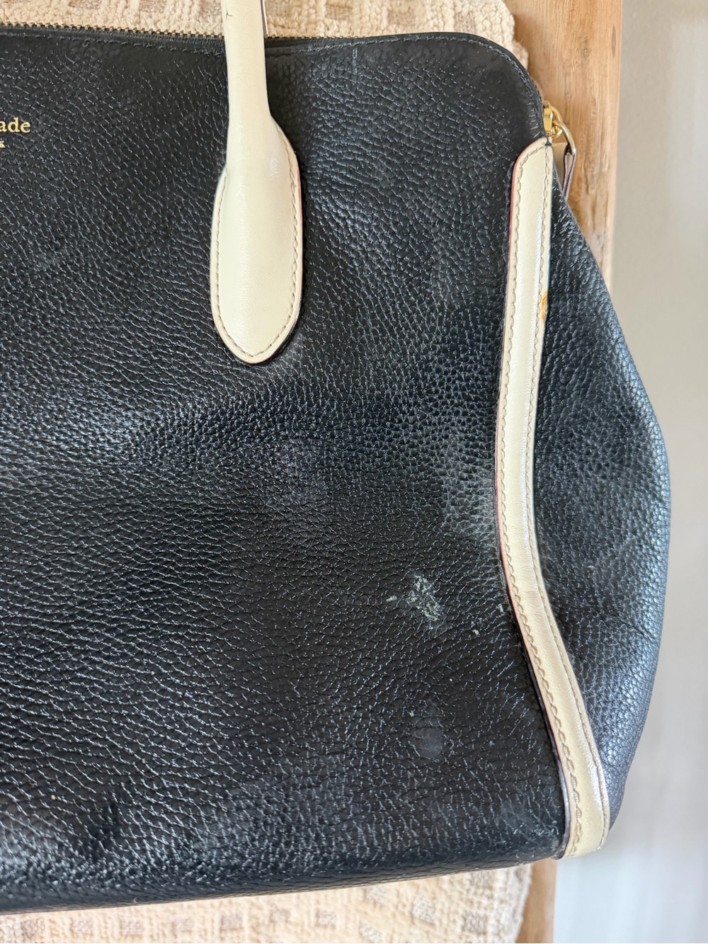 Kate Spade Black Pebbled Leather Satchel Cream Trim Large Handbag - Picture 6 of 10